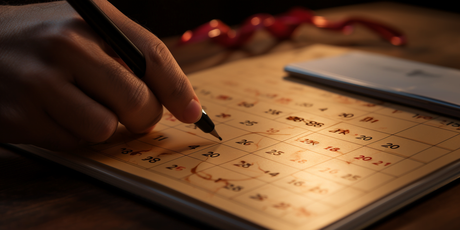 beautiful hand pointing at calendar macro photography
