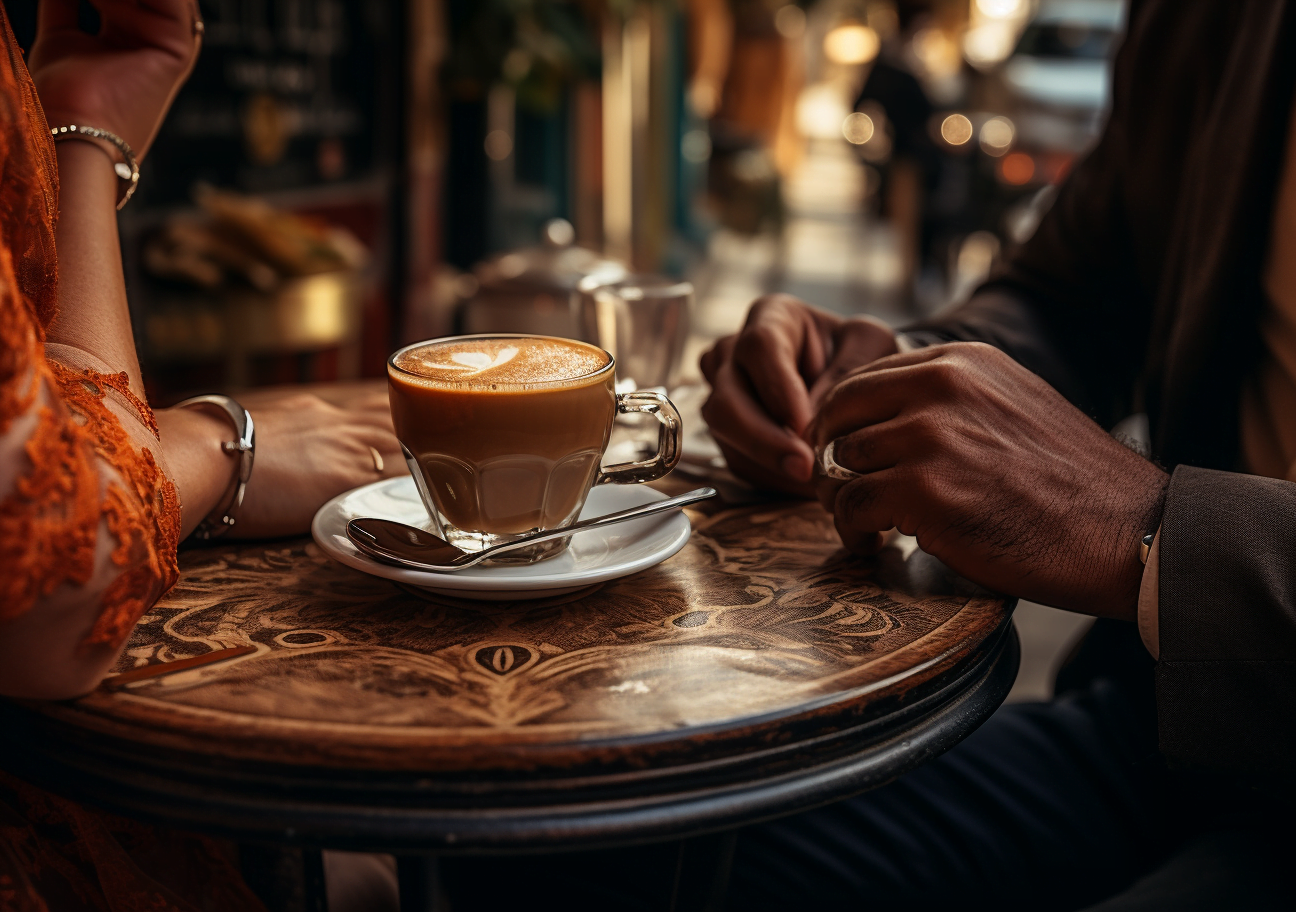 close up of hands around cafe coffee table in Italy