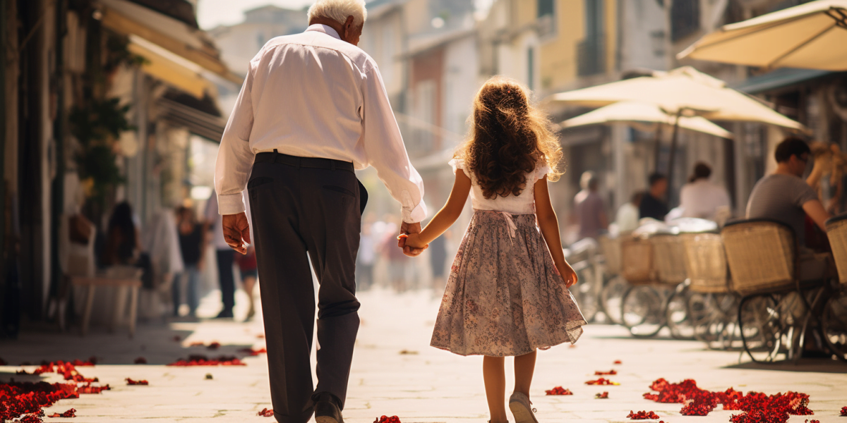 elderly man and granddaughter holding hands