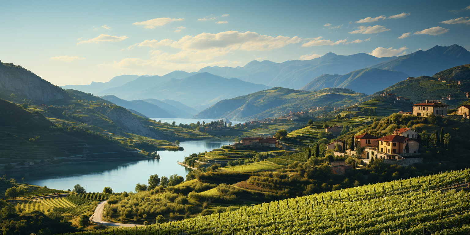 idyllic Italian landscape hills and lake travel photo