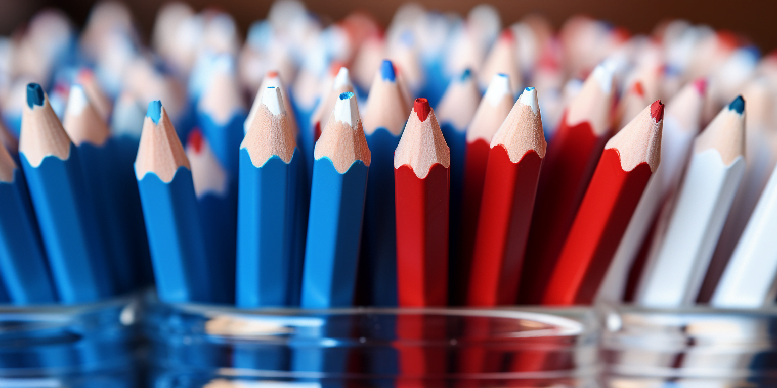 many white red and blue pens in pencil holder