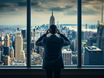 businessman looking out of office window with binoculars