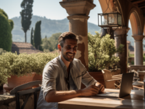 clean shaven smiling expat working at laptop Italian