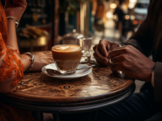 close up of hands around cafe coffee table in Italy