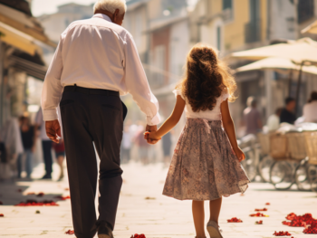 elderly man and granddaughter holding hands