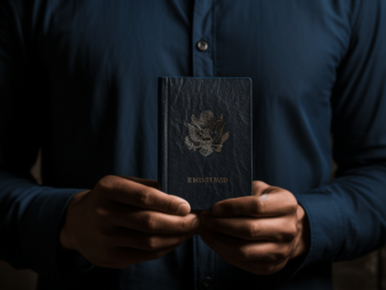 con il passaporto in mano